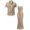 Bohemian Vacation Couple Outfit Colorblock Arrow Ethnic Print Bodycon Knitted Dress and Shirt Set - multicolor S | US 4