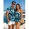 Beach Vacation Couple Outfit Watercolor Abstract Brush Stroke Print Pocket Off the Shoulder Romper and Shirt Set - Turquoise Foncée S | US 4