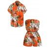 Beach Vacation Couple Outfit Tropical Floral Palm Leaf Print Pocket Off the Shoulder Romper and Shirt Set - Orange S | US 4