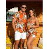 Beach Vacation Couple Outfit Tropical Floral Palm Leaf Print Pocket Off the Shoulder Romper and Shirt Set - Orange S | US 4