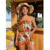 Beach Vacation Couple Outfit Tropical Floral Palm Leaf Print Pocket Off the Shoulder Romper and Shirt Set - Orange S | US 4