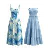 Hawaiian Vacation Dresses Set Tie Dye Watercolor Floral Print Dress and Solid Color Ruffle Smocked Off the Shoulder Tired Dress Set - Bleu clair S | US 4