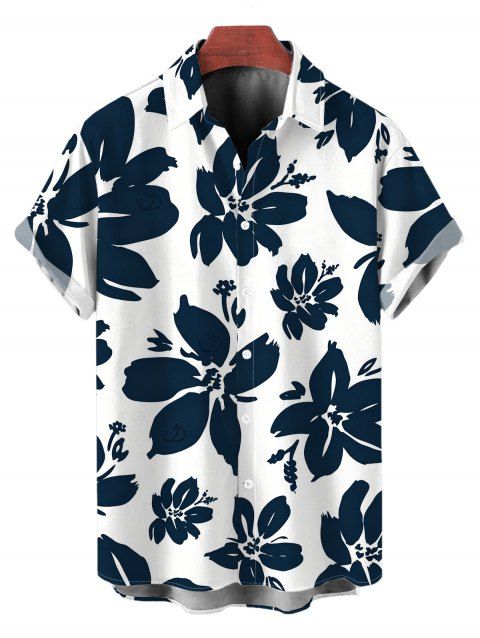 Chemise hawaïenne pour homme, imprimé floral à coups de pinceau, chemise boutonnée