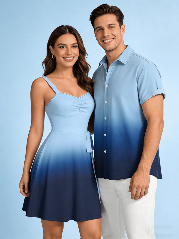 Casual Couple Outfit Ombre Ruched Bust Belt Sweetheart Neck A Line Mini Dress and Roll Up Sleeve Shirt Matching Outfit - Bleu S | US 4