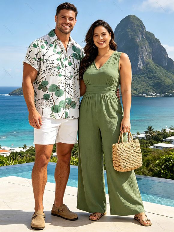 Vacation Couple Outfit Solid Color V Neck Wide Leg Jumpsuit and Watercolor Botanical Print Shirt Set - Vert clair S | US 4