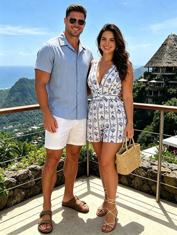 Beach Vacation Couple Outfit Starfish Shell Print Crossover Tied Back Halter Romper and Jacquard Shirt Hawaiian Set - Bleu Poudre S | US 4