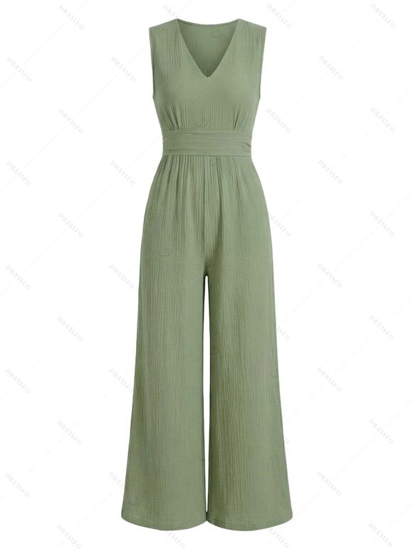 Vacation Couple Outfit Solid Color V Neck Wide Leg Jumpsuit and Watercolor Botanical Print Shirt Set - Vert clair S | US 4