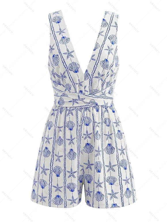 Beach Vacation Couple Outfit Starfish Shell Print Crossover Tied Back Halter Romper and Jacquard Shirt Hawaiian Set - Bleu Poudre S | US 4