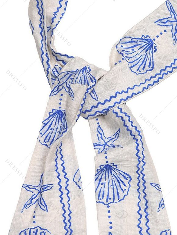 Beach Vacation Couple Outfit Starfish Shell Print Crossover Tied Back Halter Romper and Jacquard Shirt Hawaiian Set - Bleu Poudre S | US 4