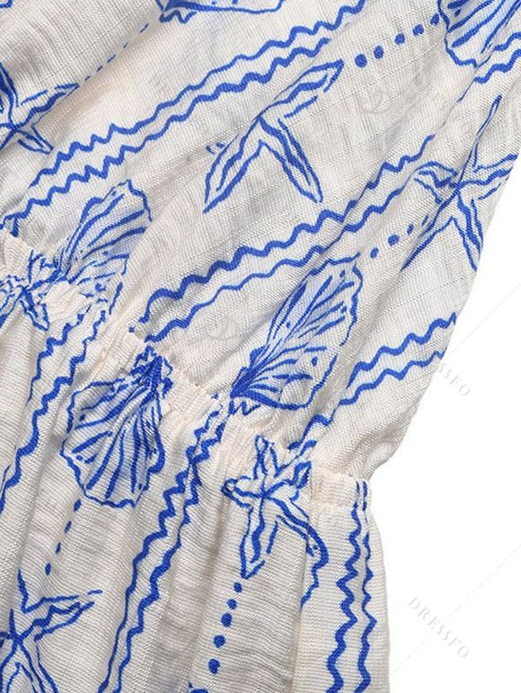 Beach Vacation Couple Outfit Starfish Shell Print Crossover Tied Back Halter Romper and Jacquard Shirt Hawaiian Set - Bleu Poudre S | US 4