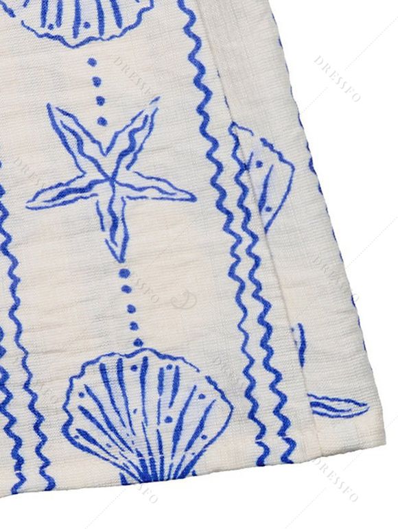 Beach Vacation Couple Outfit Starfish Shell Print Crossover Tied Back Halter Romper and Jacquard Shirt Hawaiian Set - Bleu Poudre S | US 4