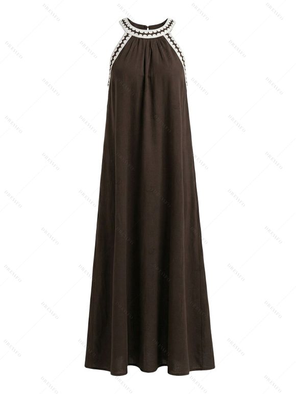 Bohemian Vacation Dress Colorblock Lace Trim Splicing Loose Maxi Halter Dress - marron foncé XL | US 12