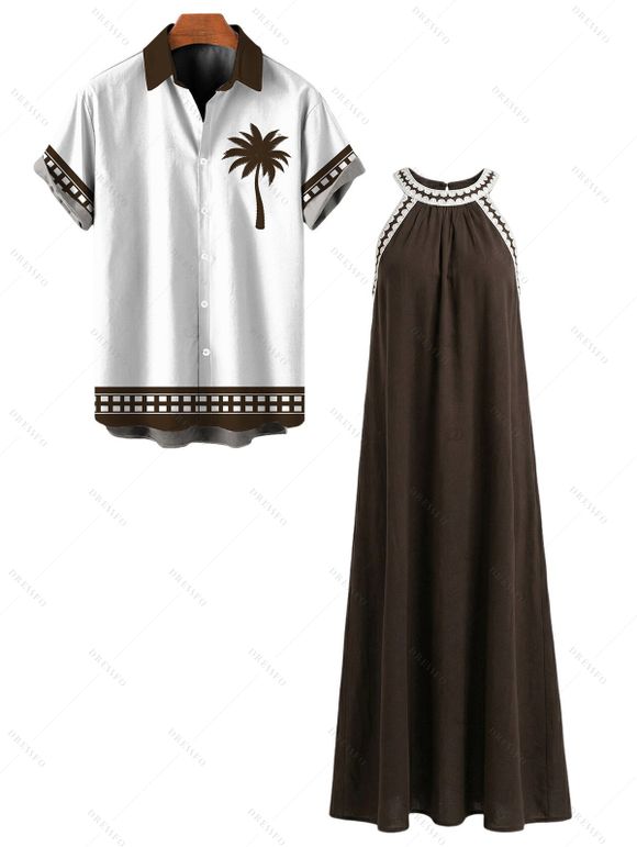 Bohemian Vacation Couple Outfit Colorblock Lace Trim Splicing Loose Maxi Halter Dress and Coconut Tree Geometric Print Shirt Set - marron foncé S | US 4