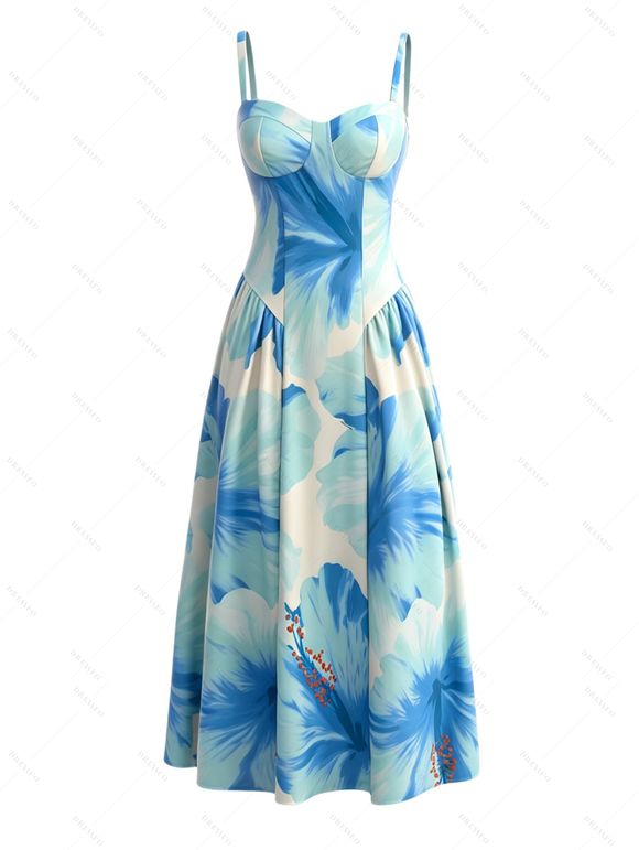 Hawaiian Vacation Dresses Set Tie Dye Watercolor Floral Print Dress and Solid Color Ruffle Smocked Off the Shoulder Tired Dress Set - LIGHT BLUE S | US 4
