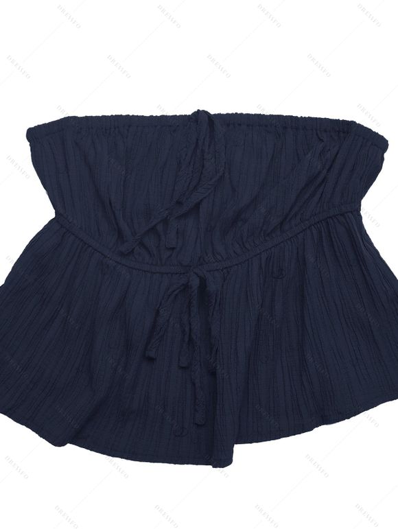 Ensemble deux pièces pour les vacances : haut texturé uni à épaules dénudées et froncé, et pantalon large à poches. - Bleu de Minuit XL | US 10