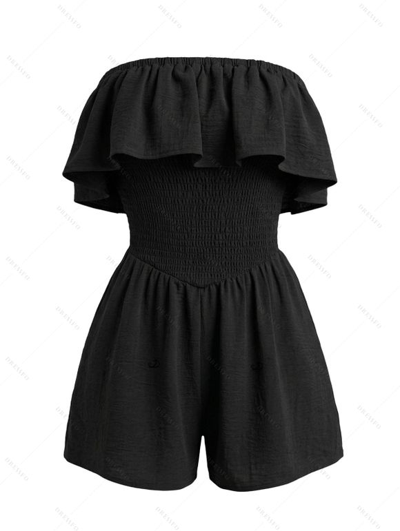 Hawaiian Vacation Couple Outfit Solid Color Flounce Smocked Off the Shoulder Romper and Tribal Floral Print Shirt Set - Noir S | US 4