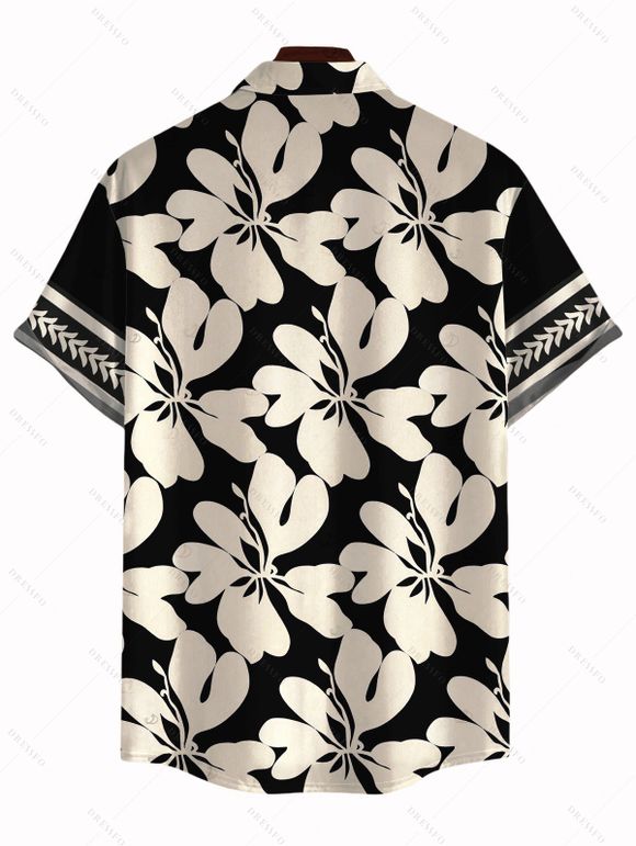 Hawaiian Vacation Couple Outfit Solid Color Flounce Smocked Off the Shoulder Romper and Tribal Floral Print Shirt Set - Noir S | US 4