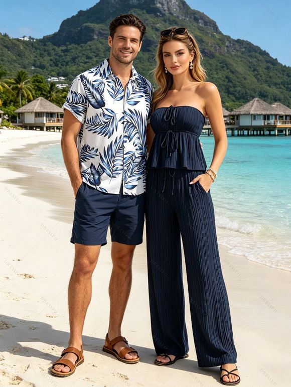 Hawaiian Vacation Couple Outfit Textured Cinched Ruched Off the Shoulder Top Pocket Pants and Tropical Leaf Print Shirt Set - Bleu de Minuit S | US 4