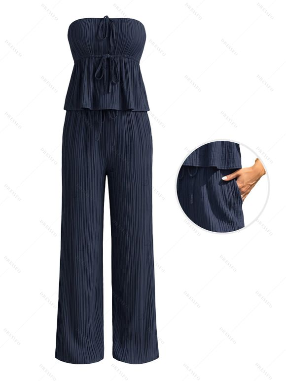 Hawaiian Vacation Couple Outfit Textured Cinched Ruched Off the Shoulder Top Pocket Pants and Tropical Leaf Print Shirt Set - Bleu de Minuit S | US 4