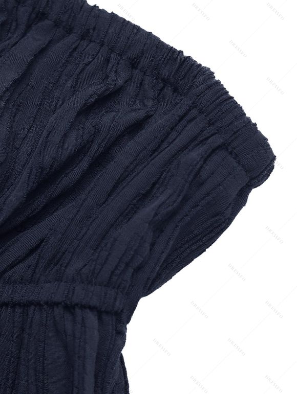 Hawaiian Vacation Couple Outfit Textured Cinched Ruched Off the Shoulder Top Pocket Pants and Tropical Leaf Print Shirt Set - Bleu de Minuit S | US 4