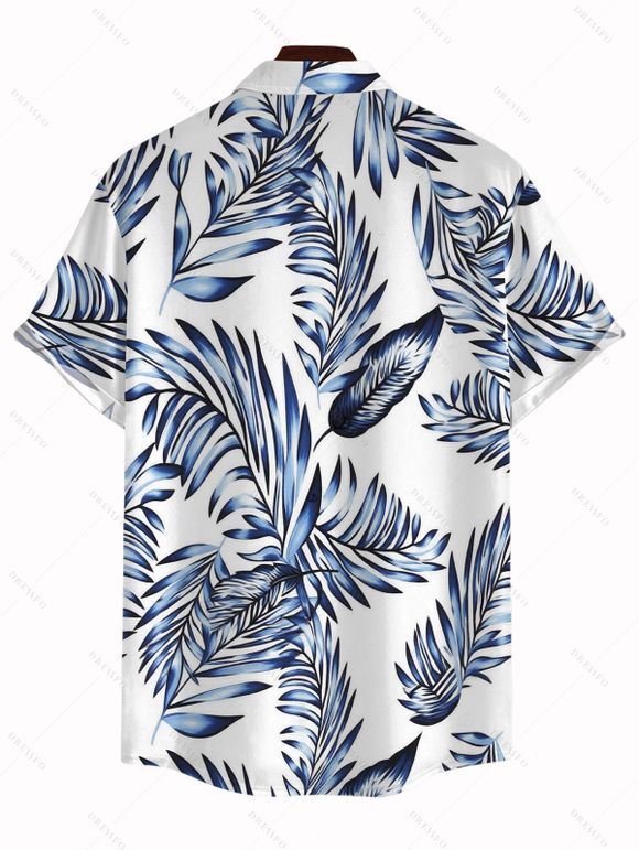 Hawaiian Vacation Couple Outfit Textured Cinched Ruched Off the Shoulder Top Pocket Pants and Tropical Leaf Print Shirt Set - Bleu de Minuit S | US 4