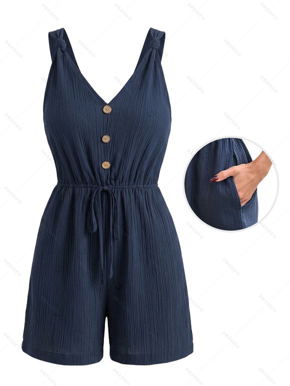 Hawaiian Vacation Couple Outfit Solid Color Textured Cinched Pocket Romper and Tropical Leaf Print Shirt Set - Bleu de Minuit S | US 4