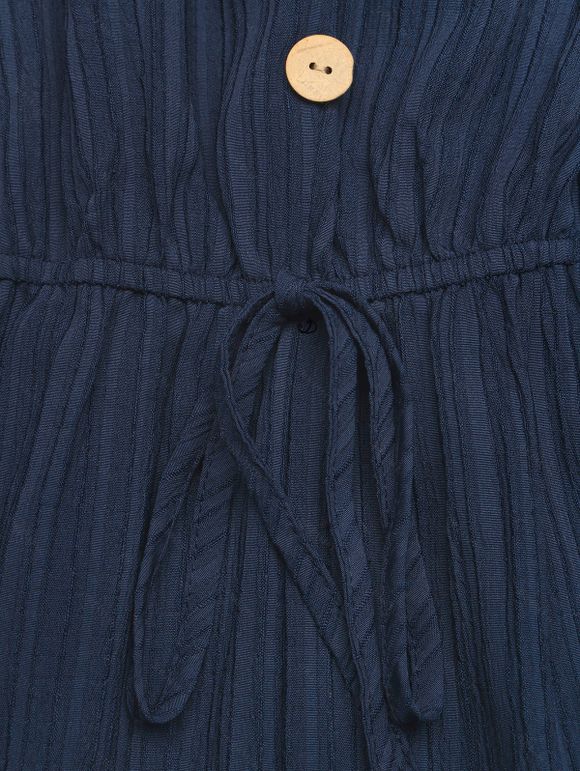 Hawaiian Vacation Couple Outfit Solid Color Textured Cinched Pocket Romper and Tropical Leaf Print Shirt Set - Bleu de Minuit S | US 4