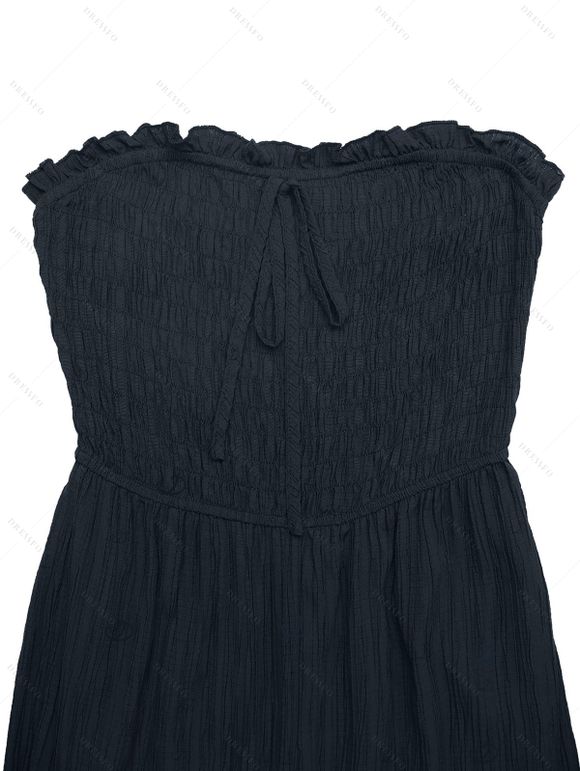 Combinaison de vacances unie texturée, à volants smockés, poche nouée, épaules dénudées et jambes larges. - Bleu de Minuit XL | US 10