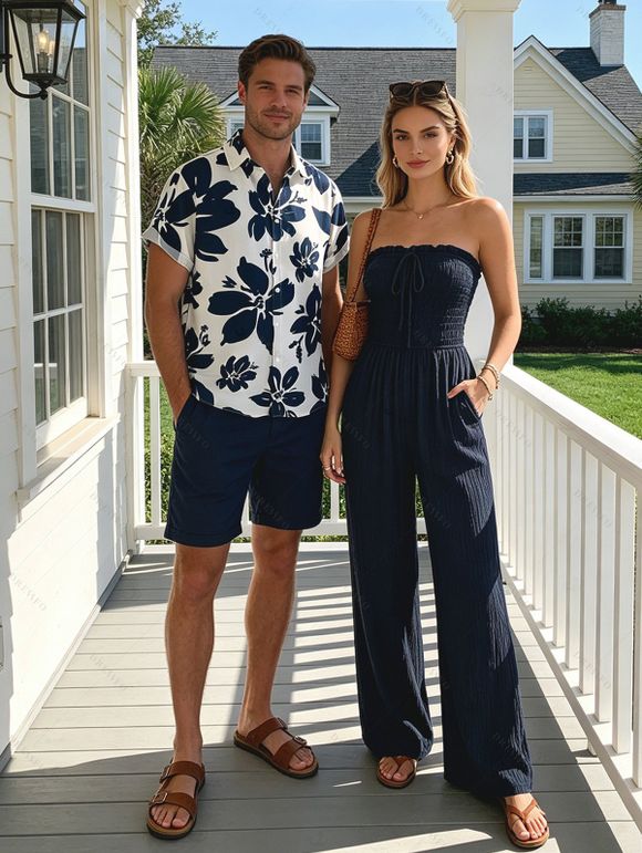Hawaiian Vacation Couple Outfit Textured Smocked Tied Pocket Off the Shoulder Jumpsuit and Ink Brush Stroke Floral Print Shirt Set - Bleu de Minuit S | US 4