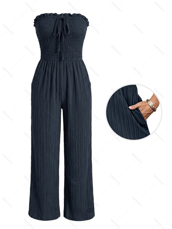 Hawaiian Vacation Couple Outfit Textured Smocked Tied Pocket Off the Shoulder Jumpsuit and Ink Brush Stroke Floral Print Shirt Set - Bleu de Minuit S | US 4