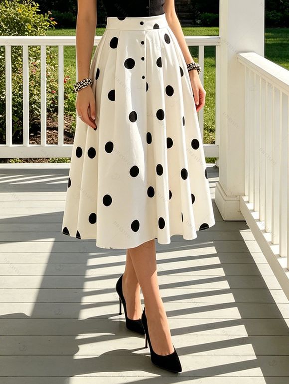 Vintage Couple Outfit Polka Dots Print Button Fly High Waist A Line Skirt and Contrast Color Shirt Set - Noir S | US 4