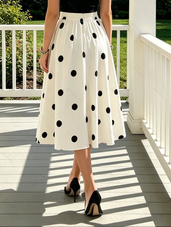 Vintage Couple Outfit Polka Dots Print Button Fly High Waist A Line Skirt and Contrast Color Shirt Set - Noir S | US 4