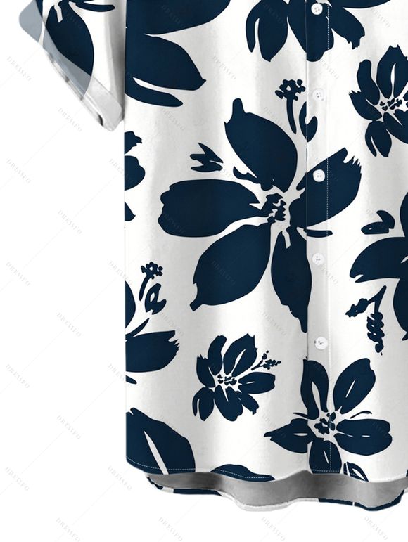 Hawaiian Vacation Couple Outfit Textured Smocked Tied Pocket Off the Shoulder Jumpsuit and Ink Brush Stroke Floral Print Shirt Set - Bleu de Minuit S | US 4