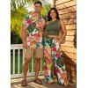Vacation Couple Outfit Skew Neck Ruched Tank Top Vibrant Tropical Floral Leaf Belt Pants and Shirt Shorts Set - multicolor S | US 4