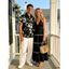 Vintage Vacation Couple Outfit Colorblock Zig Zag Halter Tiered Cake Dress and Abstract Flower Leaf Print Shirt Set - BLACK S | US 4