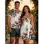 Vacation Couple Outfit Tropical Floral Leaf Pattern Ruched Bust Belted Dress and Roll Up Sleeve Shirt Solid Color Drawstrings Beach Shorts Outfit - Vert profond S | US 4