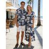 Tropical Print V Neck Split Hem Flutter Sleeve Vacation Dress And Short Sleeve Shirt Matching Outfit - Bleu de Minuit S | US 4