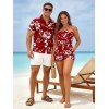 Vacation Couple Outfit Abstract Flower Leaf Print Off the Shoulder Romper and Shirt Set - RED WINE S | US 4