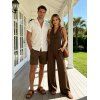 Vacation Couple Outfit Solid Color Draped Neck Ruched Open Back Wide Leg Jumpsuit and Textured Knitted Shirt Set - DEEP BROWN S | US 4