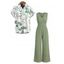 Vacation Couple Outfit Solid Color V Neck Wide Leg Jumpsuit and Watercolor Botanical Print Shirt Set - Vert clair S | US 4