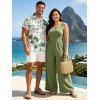Vacation Couple Outfit Solid Color V Neck Wide Leg Jumpsuit and Watercolor Botanical Print Shirt Set - Vert clair S | US 4