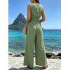Vacation Couple Outfit Solid Color V Neck Wide Leg Jumpsuit and Watercolor Botanical Print Shirt Set - Vert clair S | US 4