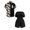 Hawaiian Vacation Couple Outfit Solid Color Flounce Smocked Off the Shoulder Romper and Tribal Floral Print Shirt Set - Noir S | US 4