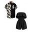 Hawaiian Vacation Couple Outfit Solid Color Flounce Smocked Off the Shoulder Romper and Tribal Floral Print Shirt Set - Noir S | US 4