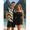 Hawaiian Vacation Couple Outfit Solid Color Flounce Smocked Off the Shoulder Romper and Tribal Floral Print Shirt Set - Noir S | US 4