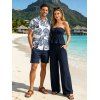 Hawaiian Vacation Couple Outfit Textured Cinched Ruched Off the Shoulder Top Pocket Pants and Tropical Leaf Print Shirt Set - Bleu de Minuit S | US 4