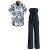 Hawaiian Vacation Couple Outfit Textured Cinched Ruched Off the Shoulder Top Pocket Pants and Tropical Leaf Print Shirt Set - Bleu de Minuit S | US 4