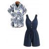 Hawaiian Vacation Couple Outfit Solid Color Textured Cinched Pocket Romper and Tropical Leaf Print Shirt Set - Bleu de Minuit S | US 4