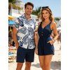 Hawaiian Vacation Couple Outfit Solid Color Textured Cinched Pocket Romper and Tropical Leaf Print Shirt Set - Bleu de Minuit S | US 4