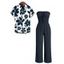 Hawaiian Vacation Couple Outfit Textured Smocked Tied Pocket Off the Shoulder Jumpsuit and Ink Brush Stroke Floral Print Shirt Set - Bleu de Minuit S | US 4